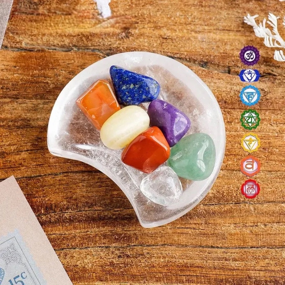 Crystal Chakra Set in Selenite Moon Dish
